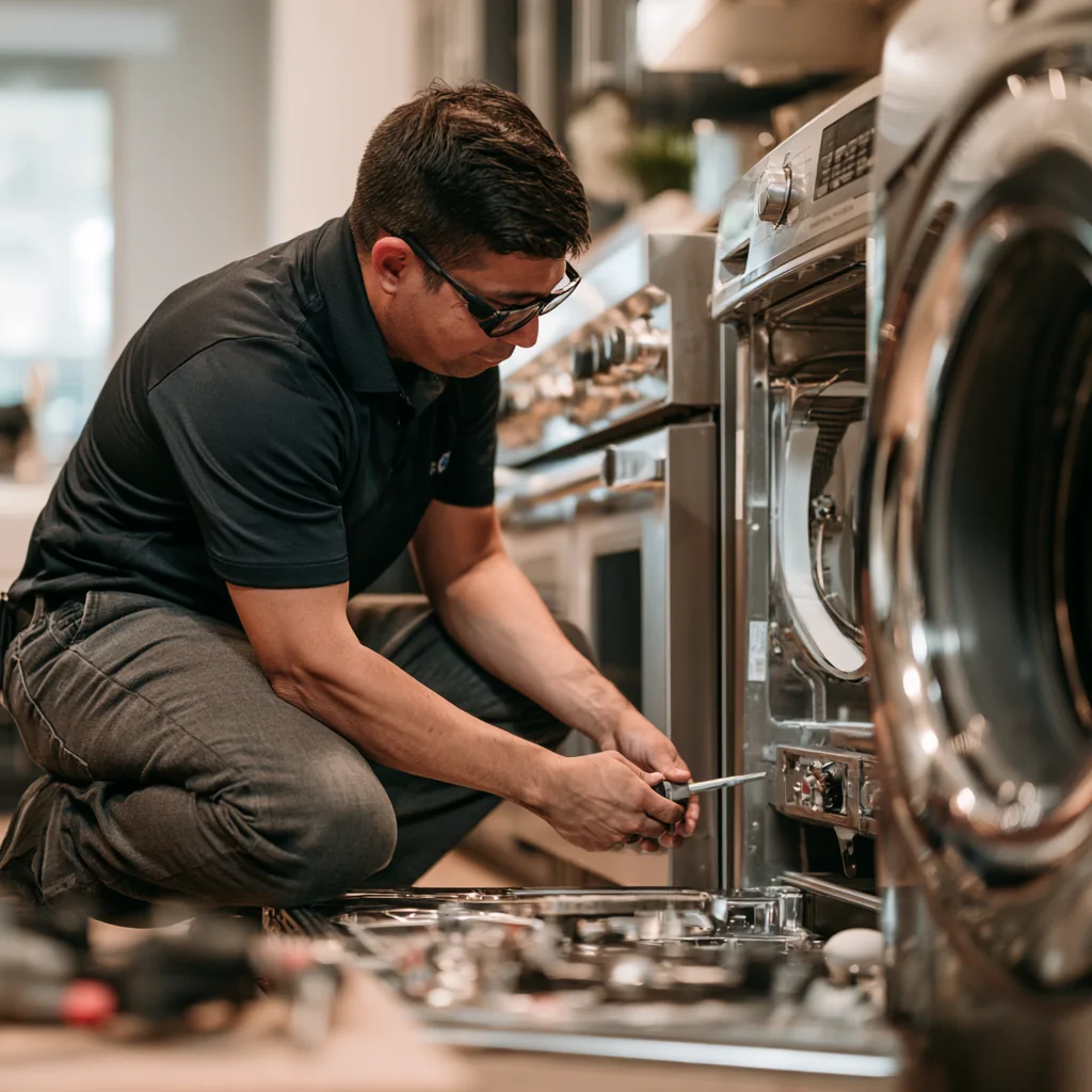 Appliance technician using hand tools during a residential service visit