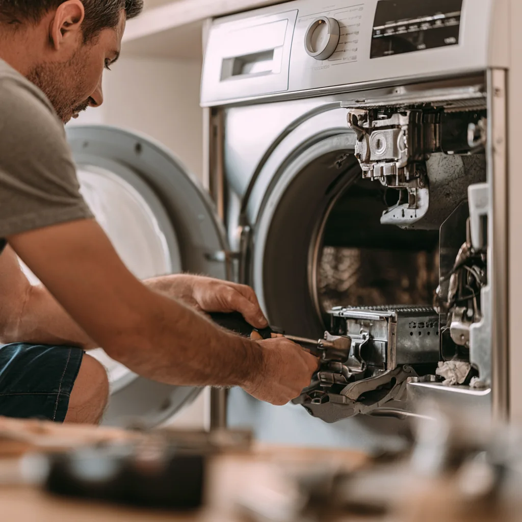 Technician repairing the internal components of a front-loading washer